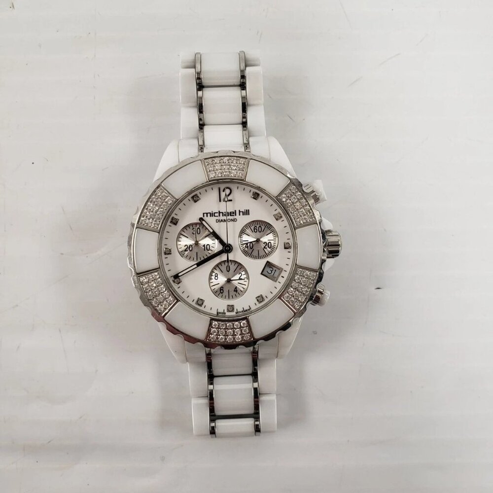 (I-35859) Michael Hill White Ceramic Watch 3/4 Carat Diamonds